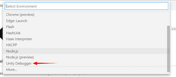 sélectionner "Unity debugger" dans la liste des envrionnement